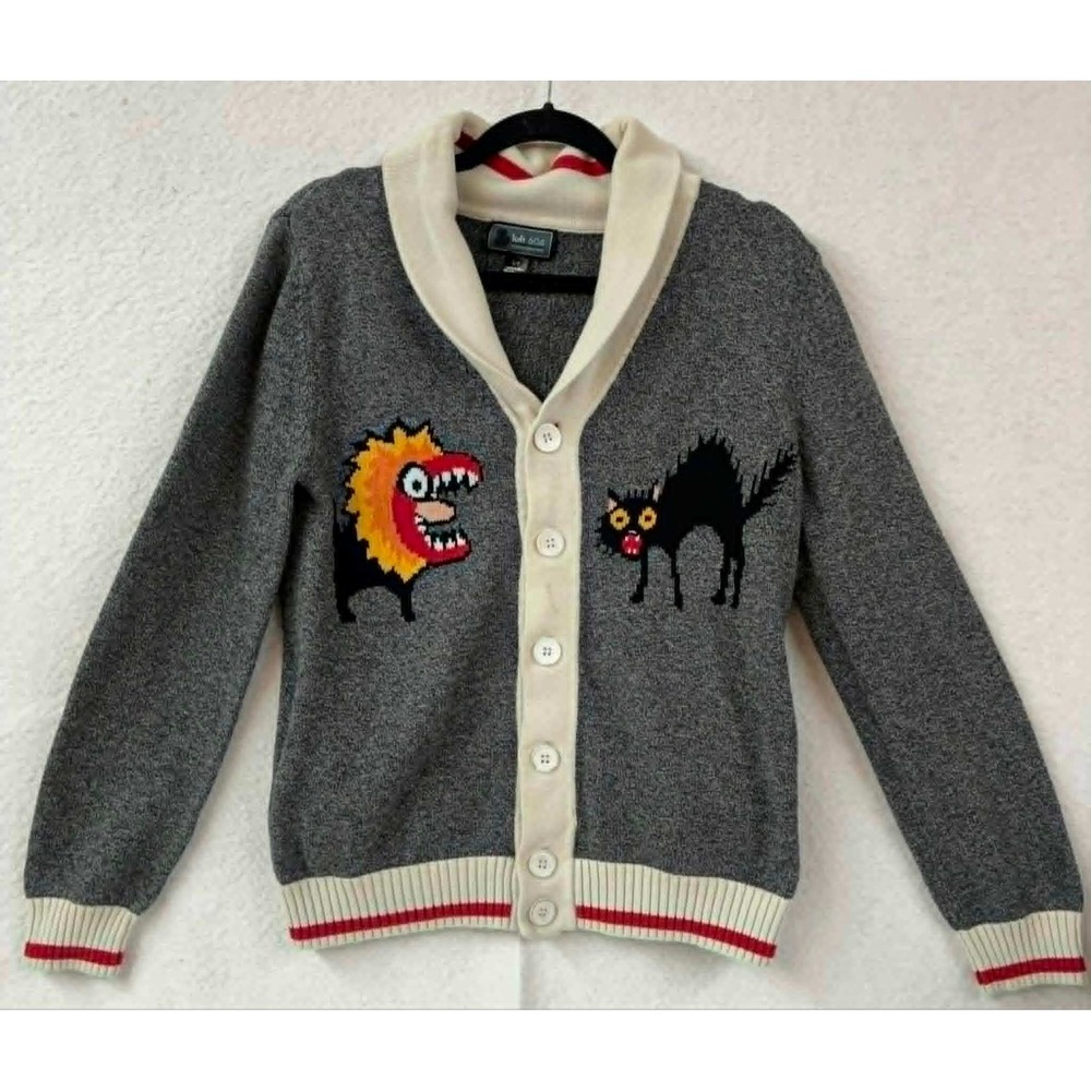 Small Loft 604 Mens Grey Cotton Shawl Collar Cardigan Lion Cat Graphic Sweater